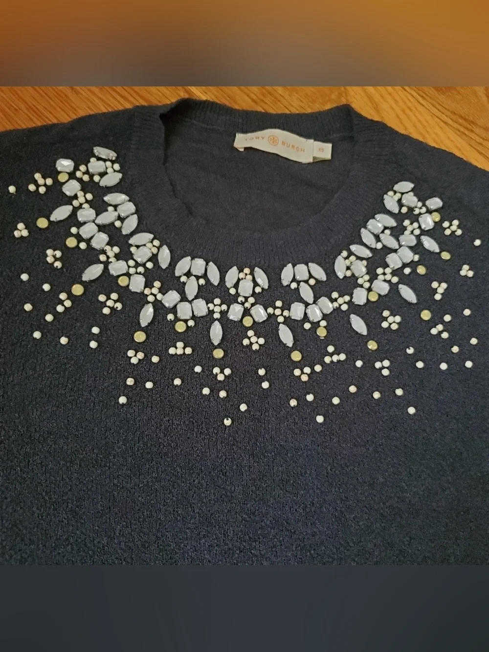 Tory Burch Pierce Navy Embellished Crystal Jewel Short Knit  Sleeve Sweater XS